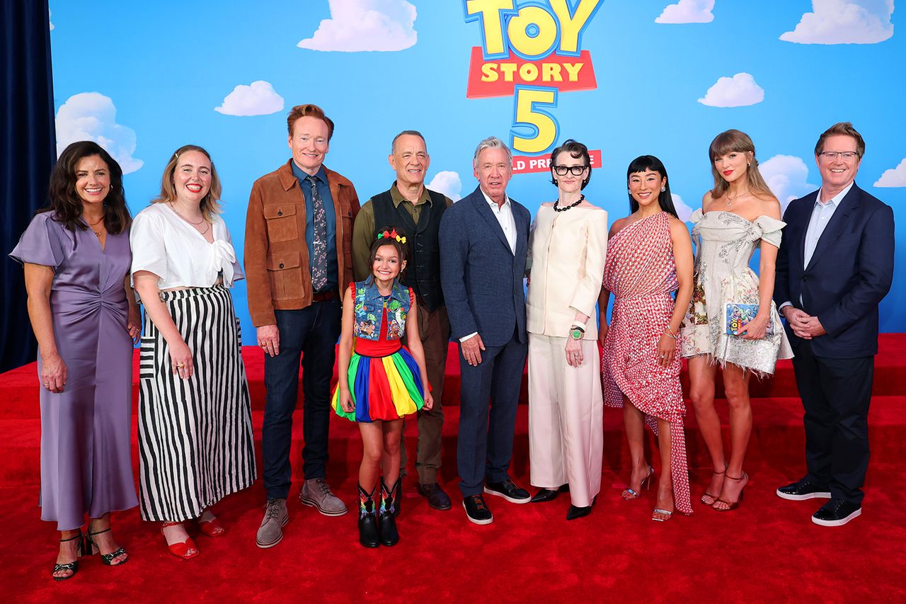 Lindsey Collins, Kenna Harris, Conan O'Brien, Scarlett Spears, Tom Hanks, Tim Allen, Joan Cusack, Greta Lee, Taylor Swift and Andrew Stanton attend the Toy Story 5 Los Angeles World PremiereCredit: Kevin Mazur/Getty