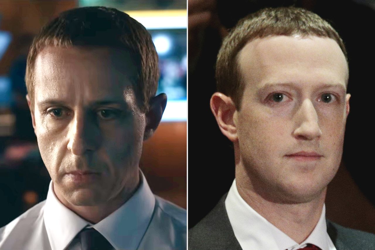 Jeremy Strong in 'The Social Reckoning'; Mark Zuckerberg on Feb. 15, 2020, in Munich Jeremy Strong in 'The Social Reckoning'; Mark Zuckerberg on Feb. 15, 2020, in MunichCredit: Sony Pictures Entertainment; Abdulhamid Hosbas/Anadolu Agency via Getty