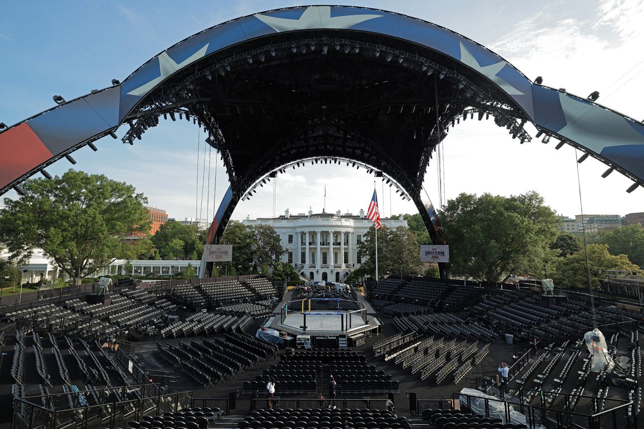 Construction continues on the Ultimate Fighting Championship (UFC) The UFC octagon constructed on the South Lawn of the White House as of June 11, 2026Credit: Chip Somodevilla/Getty