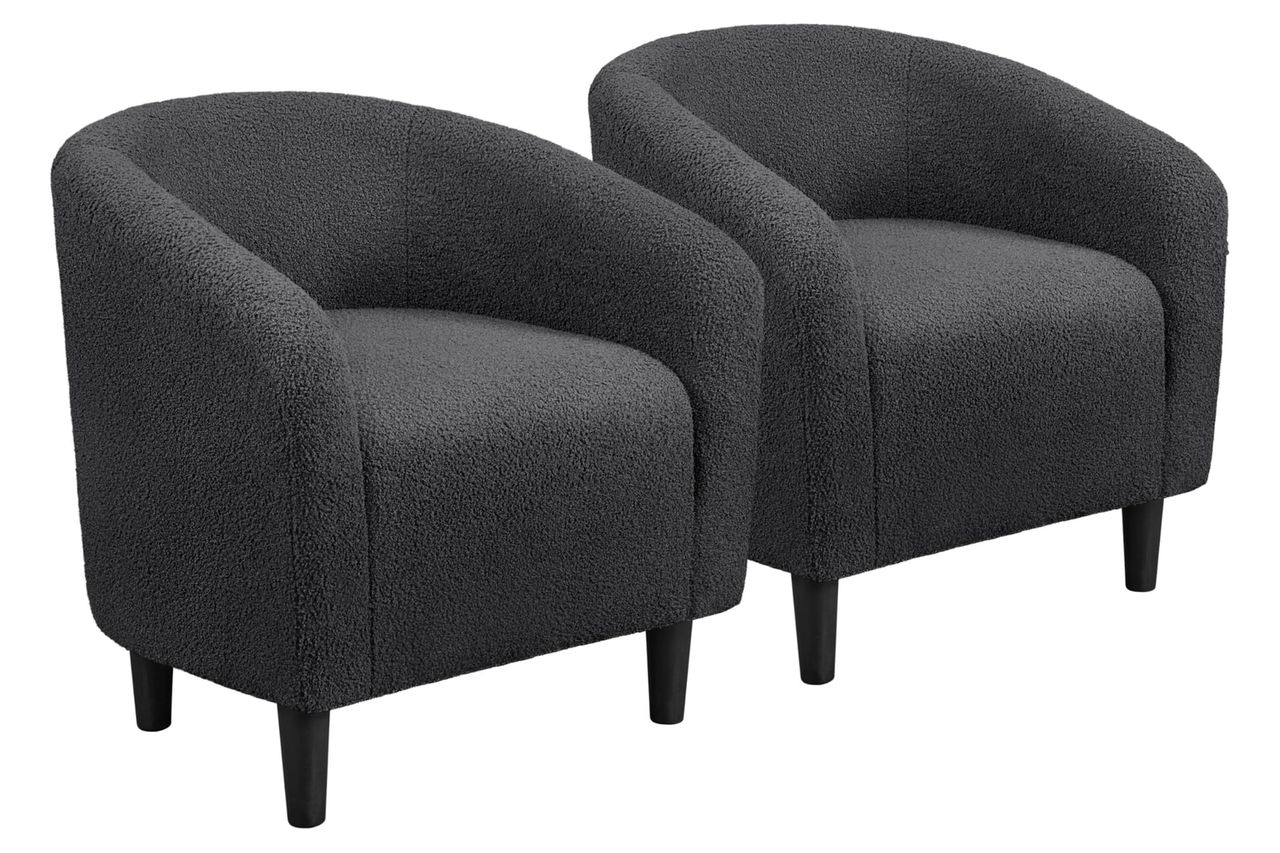 Yaheetech Accent Chairs Set of 2, Furry Living Room Chairs, Sherpa Barrel Chairs with Cozy Soft Padded, Boucle Fabric Armchais for Living Room Bedroom Reception Room Office, Dark Gray Credit: Amazon