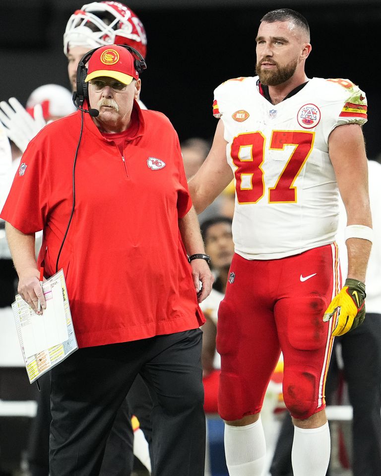 Andy Reid and Travis Kelce in Las Vegas in November 2023.Credit: Jeff Bottari/Getty