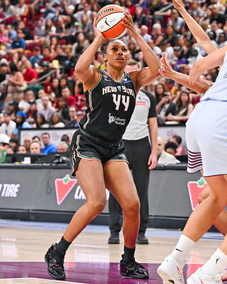 Betnijah Laney-Hamilton #44 of the New York Liberty shoots against the Toronto Tempo during the second half in the WNBA game at the Bell Centre on July 12, 2026 in Montreal, Quebec, Canada. Betnijah Laney-Hamilton plays against the Toronto Tempo on July 12Credit: Minas Panagiotakis/Getty