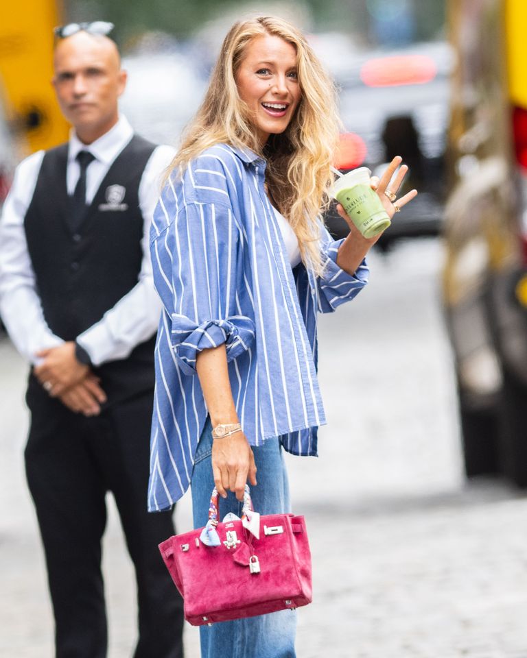 Blake was all smiles as she and husband Ryan Reynolds were spotted leaving their New York City apartment. The couple both showed off their style carrying expensive Hermes Birkin bags. Blake Lively.Credit: INSTARimages
