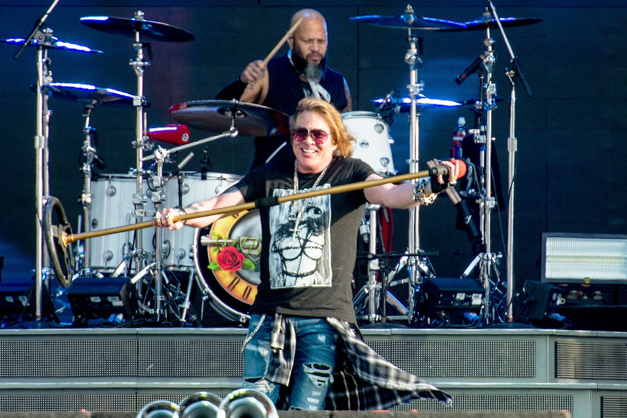 Frank Ferrer and Axl Rose of Guns N Roses performs onstage on Day 2 of the Download Festival at Donington Park on June 9, 2018 in Donington, England. Frank Ferrer and Axl Rose perform in England in June 2018Credit: Ollie Millington/Getty