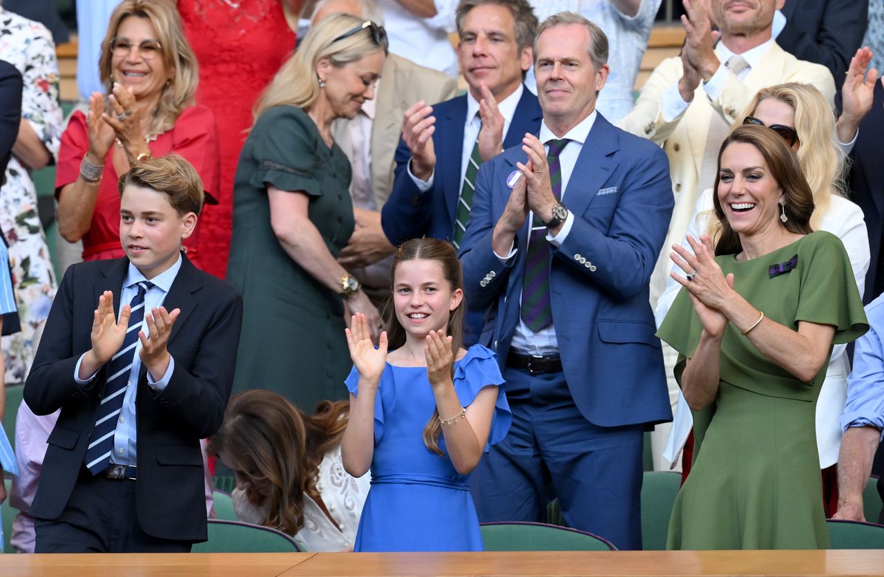 Prince George, Princess Charlotte, and Kate Middleton smile as they clap from the stands at Wimbledon. Prince George, Princess Charlotte, and Kate Middleton attend Day 14 of Wimbledon in London on July 12, 2026.Credit: Getty Images