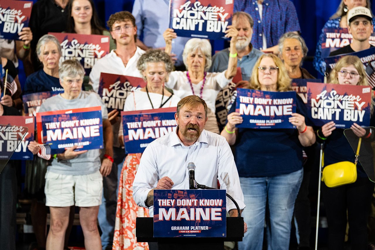 Graham Platner, Democratic U.S. Senate candidate for Maine, during a primary election night event at the Blue Hill YMCA in Blue Hill, Maine, on June 9.Credit: Graeme Sloan/Bloomberg via Getty