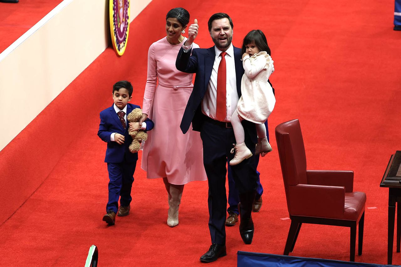 Second lady Usha Vance and U.S. Vice President J.D. Vance with their children arrive during an indoor inauguration parade at the Capital One Arena on January 20, 2025 in Washington, DC. Donald Trump takes office for his second term as the 47th president of the United States. JD Vance and Usha Vance with their kids at an inauguration event on Jan. 20, 2025Credit: Justin Sullivan/Getty