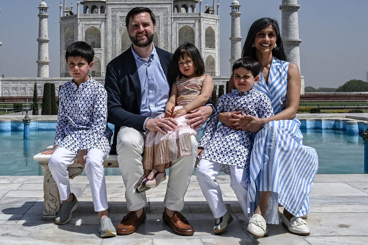 US Vice President JD Vance, his wife Usha Vance, daughter Mirabel and sons Ewan (L) and Vivek pose during their tour at the Taj Mahal in Agra on April 23, 2025. JD Vance and Usha Vance with their kids at the Taj Mahal in India on april 23, 2025Credit: KENNY HOLSTON/POOL/AFP via Getty