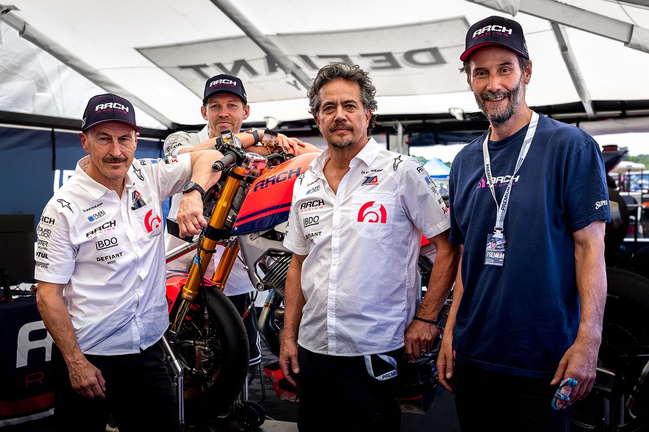 Jeremy McWilliams, Corey Alexander, Gard Hollinger, Keanu Reeves at MotoAmerica's Superbike Championship at Barber Motorsports Park in Birmingham, Alabama on May 16 From left: Jeremy McWilliams, Corey Alexander, Gard Hollinger and Keanu Reeves at Superbike Championship.Credit: ARCH Racing