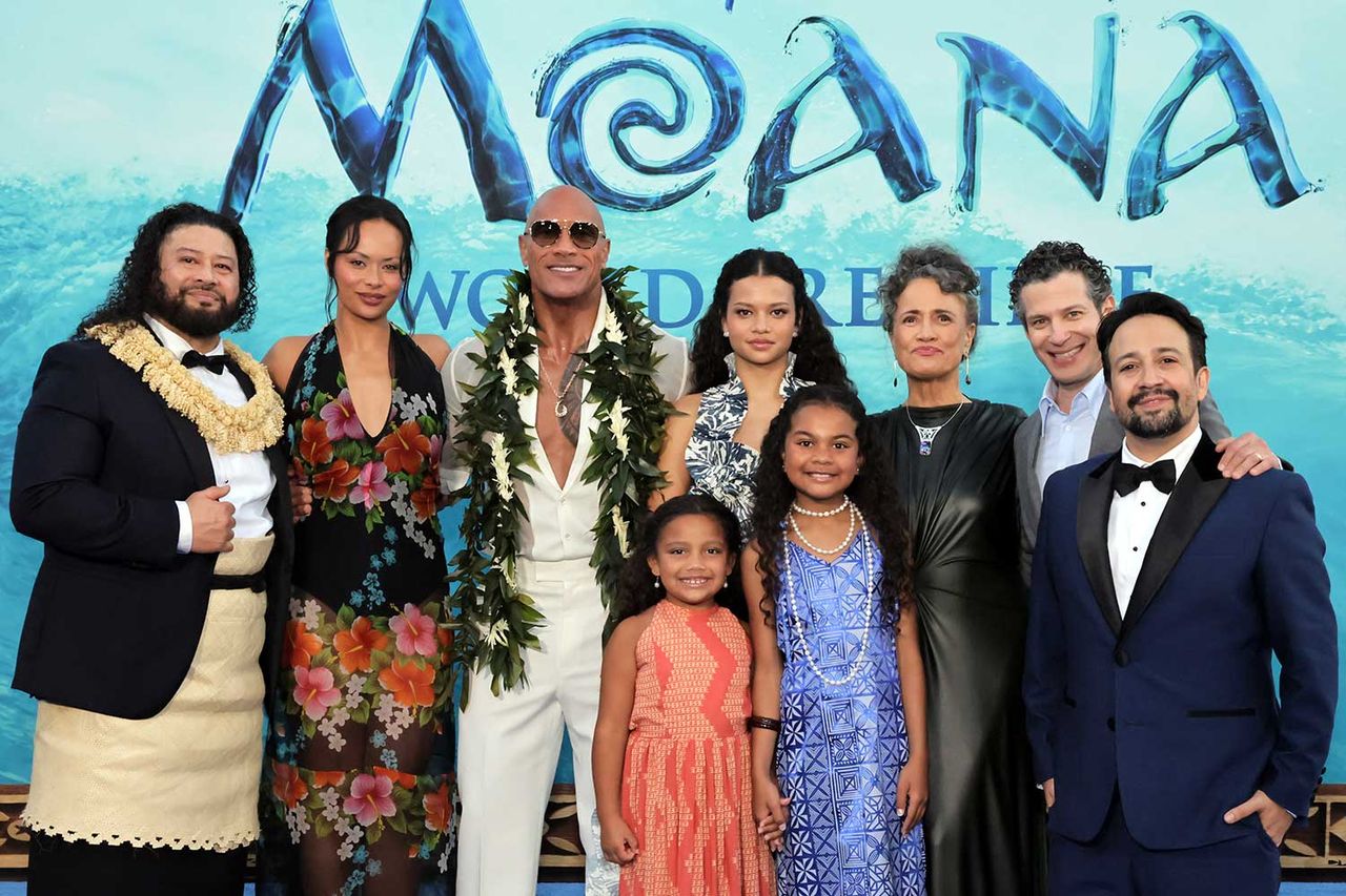 ‘Moana’ director Thomas Kail (top right) with John Tui, Frankie Adams, Dwayne Johnson, Emma Puahi-Shapazian, Catherine Laga’aia, Amaya Masoli, Rena Owen and Lin-Manuel Mirandaat the film’s Los Angeles premiere on July 7, 2026Credit: Rodin Eckenroth/Getty