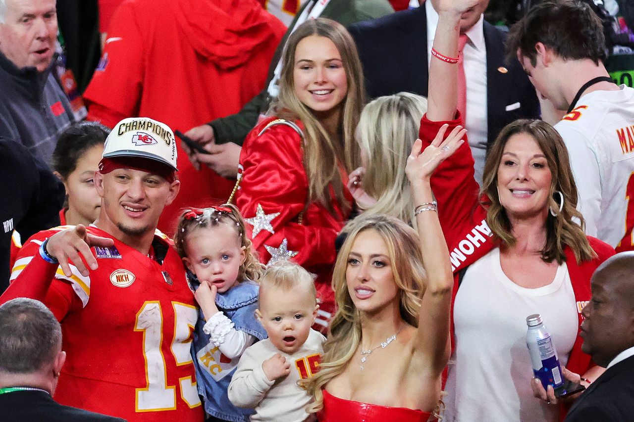 The Mahomes family celebrate after the Chiefs’ 25-22 overtime victory over the San Francisco 49ers in Super Bowl LVIII at Allegiant Stadium on Feb. 11, 2024.Credit: Ethan Miller/Getty