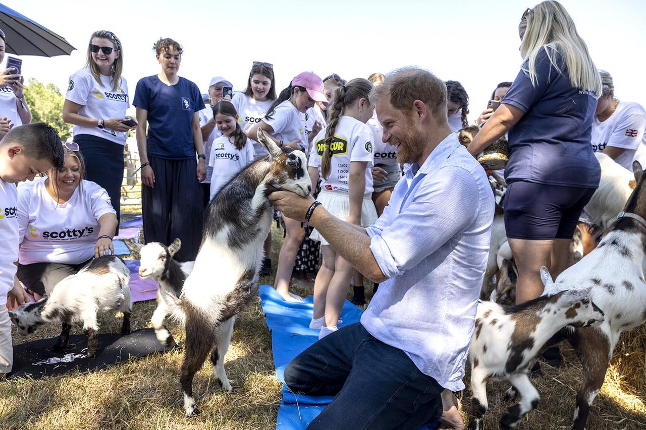 Prince Harry doing goat yoga at Scotty’s Summer FestivalCredit: Heathcliff O'MALLEY / POOL / AFP via Getty