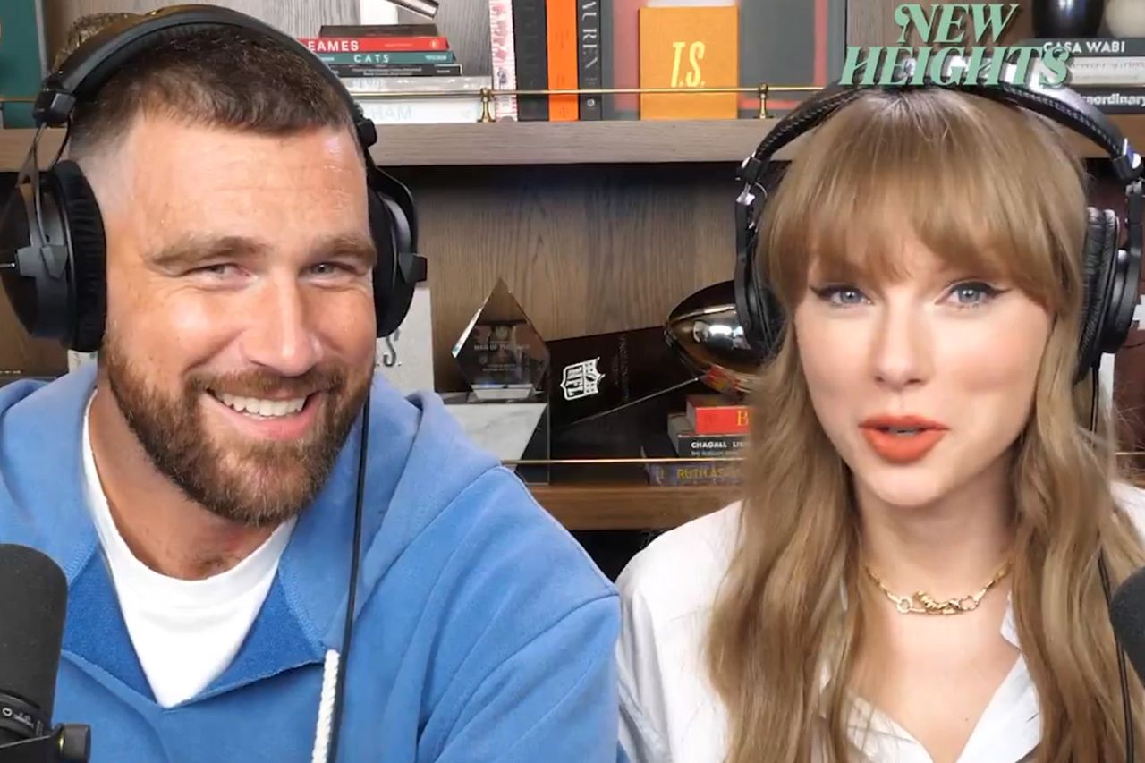 Travis Kelce and Taylor Swift on New Heights podcast.Credit: New Heights/X