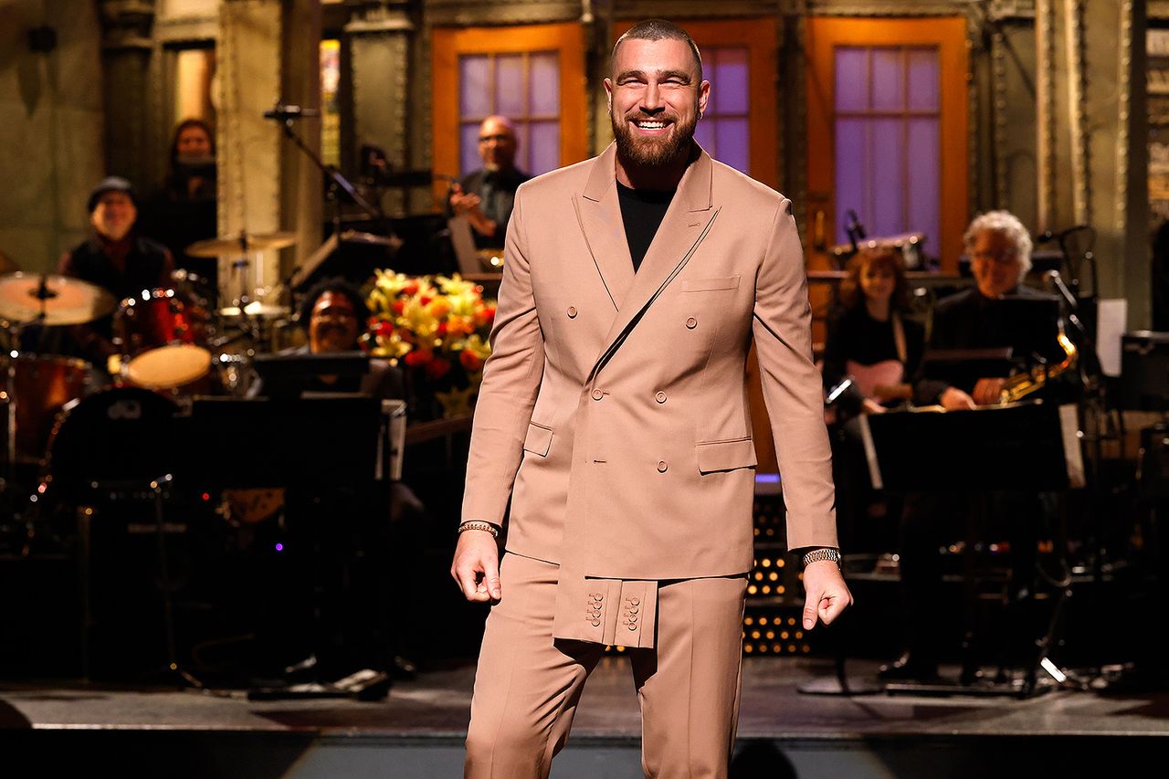 Travis Kelce wears Dior for his 2023 'Saturday Night Live' monologueCredit: Will Heath/NBC via Getty