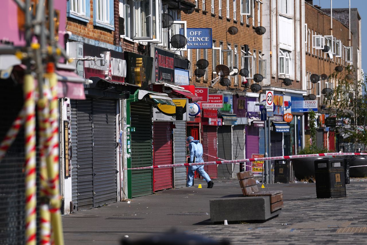 Police investigate the scene of a murder in Hayes, London on July 12, 2026Credit: Maja Smiejkowska/PA Wire POLICE/Press Association via AP Images