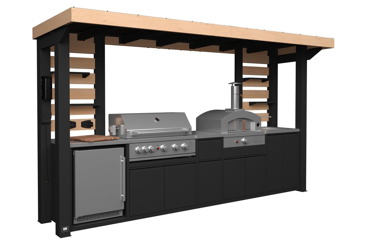 Backyard Discovery Fusion Flame 2 Galvanized Steel Covered Outdoor Kitchen with 5-Burner Stainless Steel Grill, Pizza Oven, Refrigerator, Sink, Storage, and Steel Roof for All-Weather Outdoor Cooking Credit: Amazon