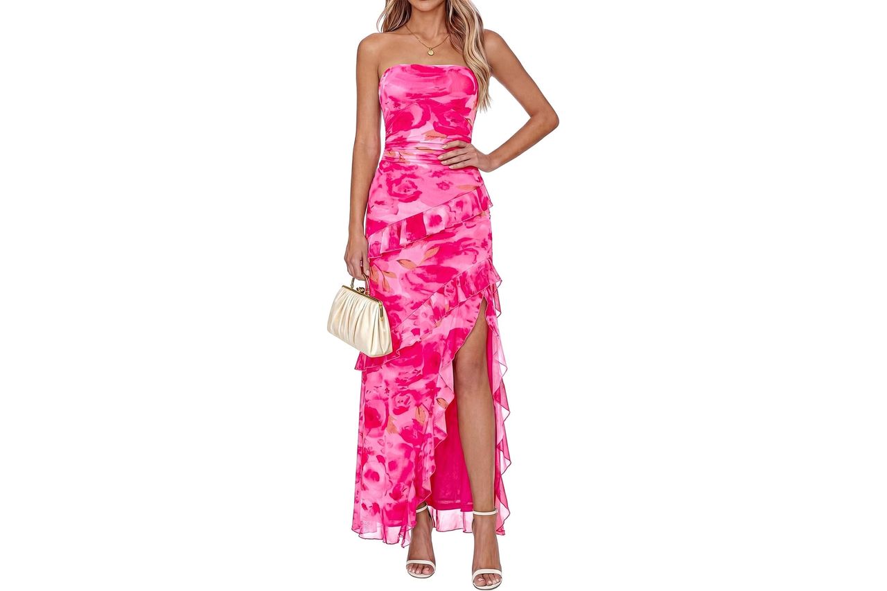 BTFBM Off The Shoulder Dresses for Women Summer 2026 Strapless Ruffle Slit Formal Wedding Guest Dress Cocktail Party Credit: Amazon