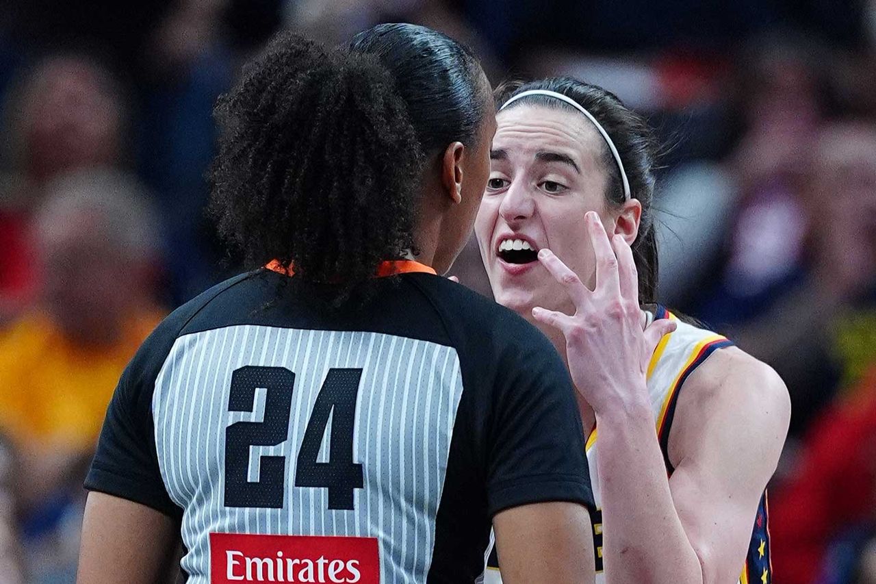 Indiana Fever guard Caitlin Clark (22) is upset at a referee for not calling a foul when she took a shot against the Golden State Valkyries on July 15, 2026, at Gainbridge Fieldhouse in Indianapolis, Indiana. Caitlin Clark on July 15, 2026Credit: Brian Spurlock/Icon Sportswire via Getty