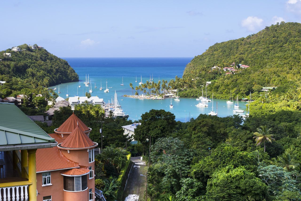 Scenic view of Marigot Bay in Castries, St. Lucia The coast of Castries, the capital of St. LuciaCredit: Westend61/Martin Moxter/Getty