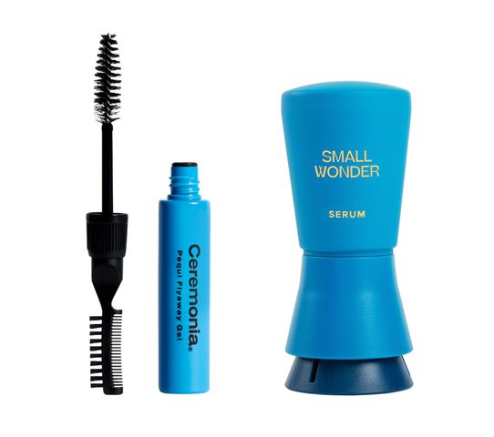 Mascara brush with eyebrow gel and a serum bottle