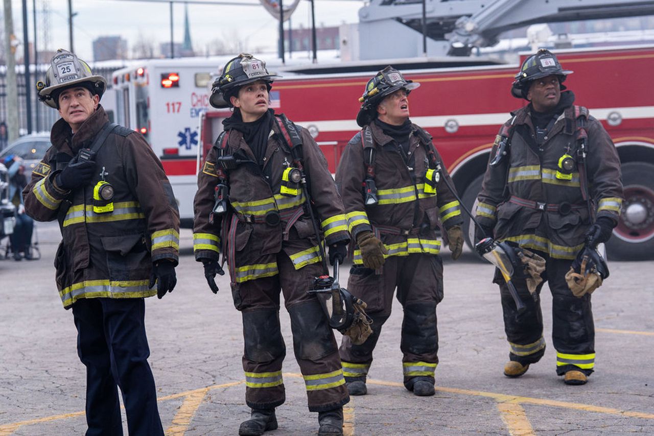 Dermot Mulroney as Pascal, Miranda Rae Mayo as Kidd, David Eigenberg as Herrmann and Leroy S. Williams III as Ballard on ‘Chicago Fire’Credit: Peter Gordon/NBC