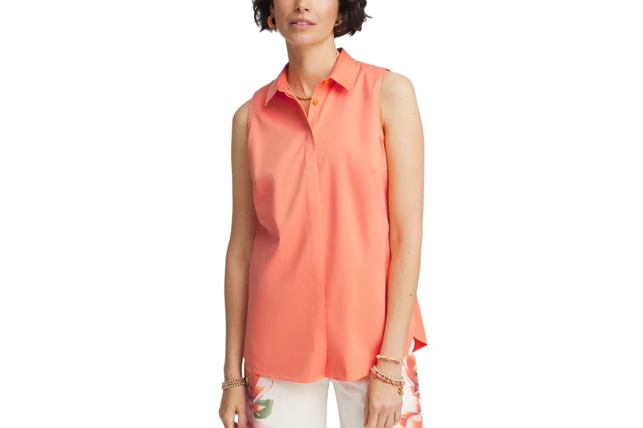 Chicos No Iron Sleeveless Sateen-Stretch Shirt Credit: Chicos
