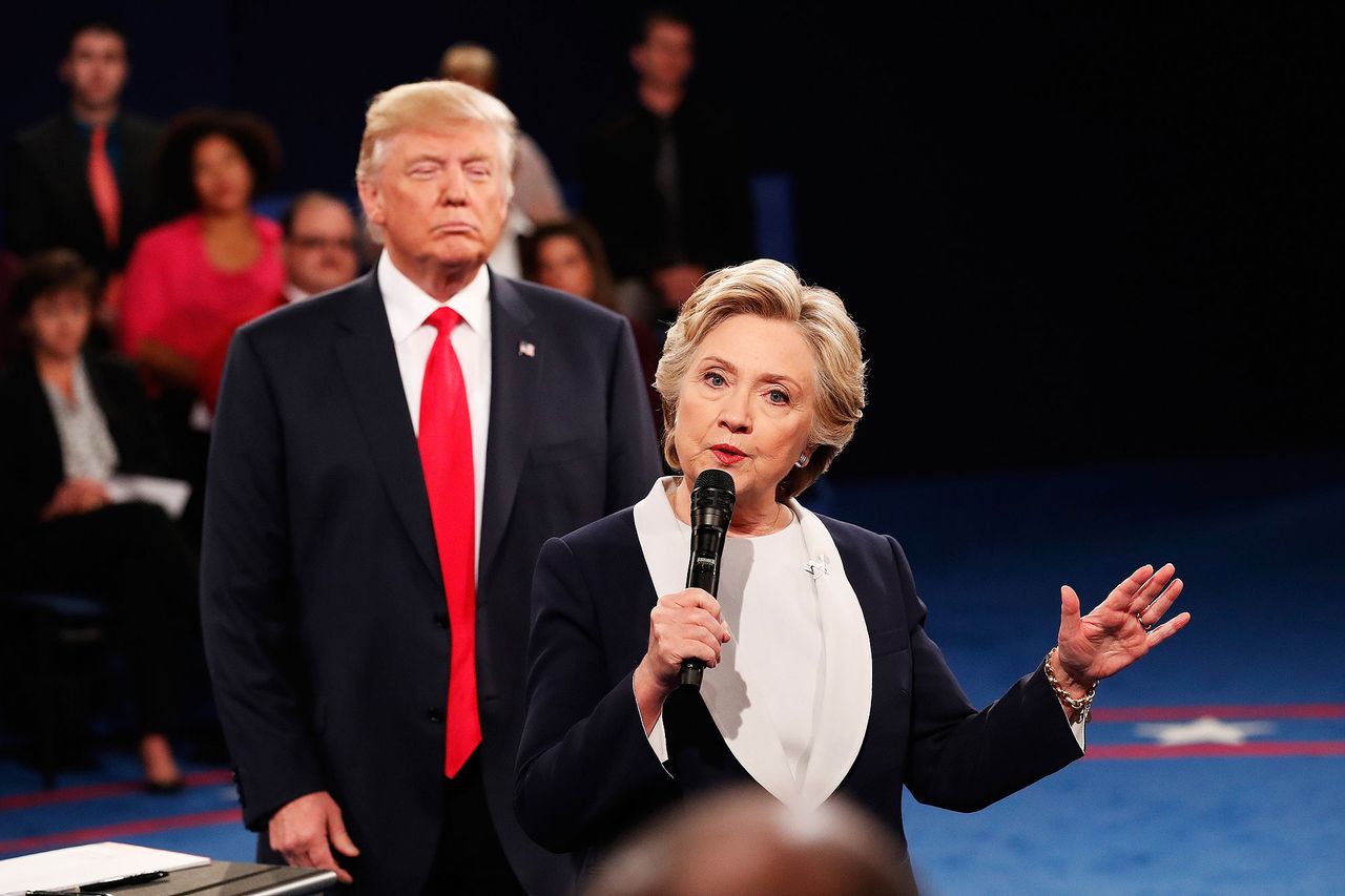 Donald Trump and Hillary Clinton participate in a presidential debate in 2016.