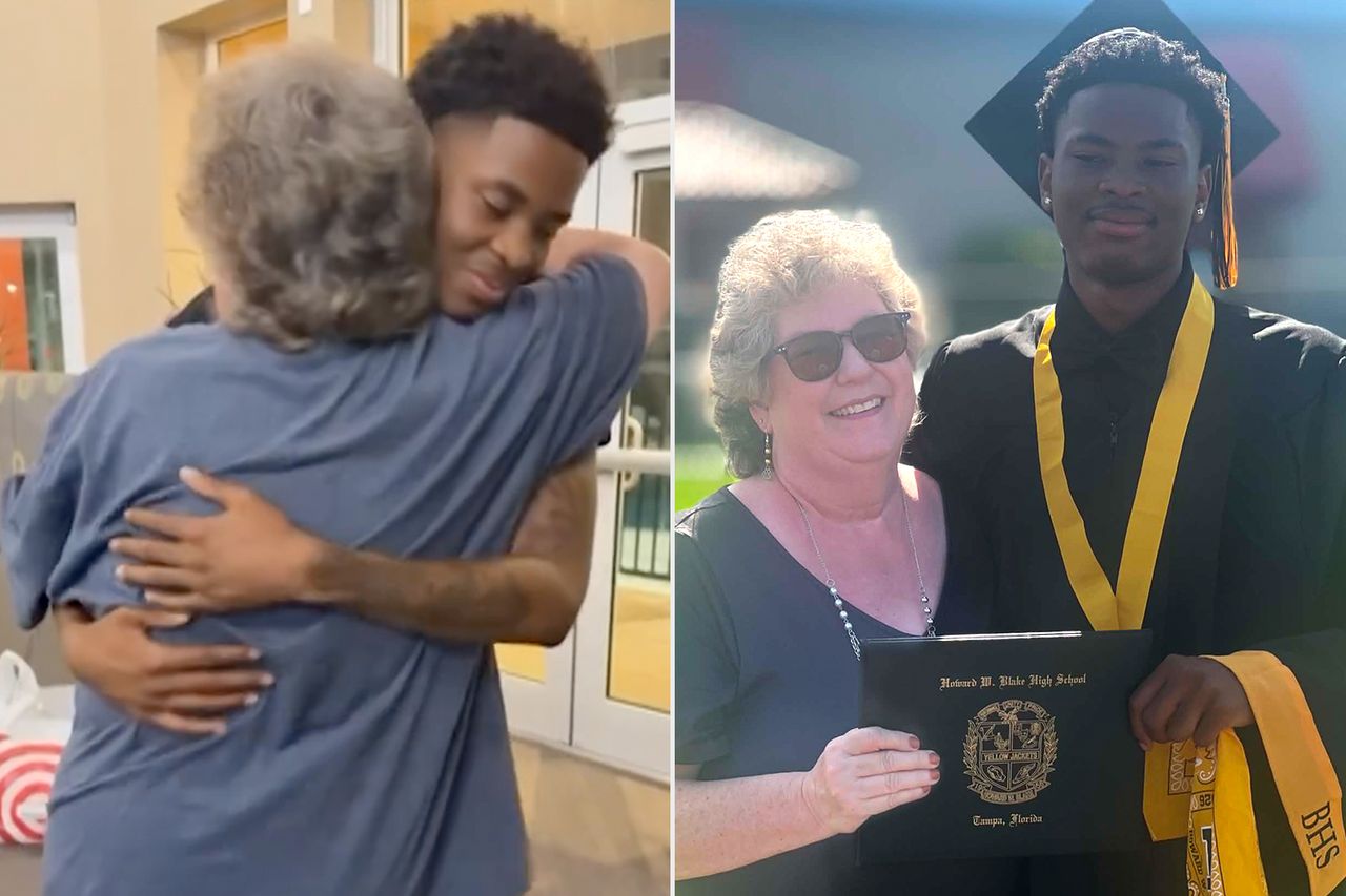 Jordan Hodges hugging former teacher Denise Crocker after the May 23 surprise; from left: Crocker and Jordan at his high school graduationCredit: @tiahs_turn/T&T Creative Media/Denise Crocker