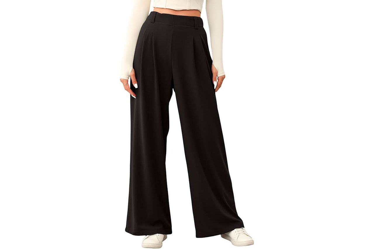 EVALESS Women's Wide Leg Pants Elastic High Waisted Waffle Knit Casual Palazzo Pants Trousers with Pockets Credit: Amazon