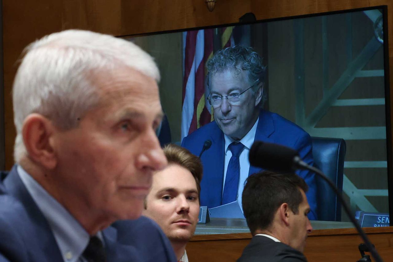 Sen. Rand Paul, R-Ky., is shown on a monitor as former federal health official Dr. Anthony Fauci testifies at a hearing at the U.S. Capitol on July 29.Credit: Kevin Dietsch/Getty