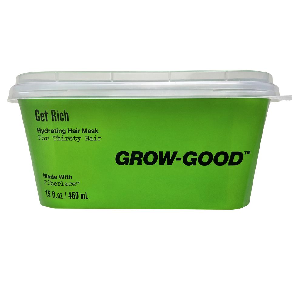A container of GrowGood hydrating hair mask with label details for hair care