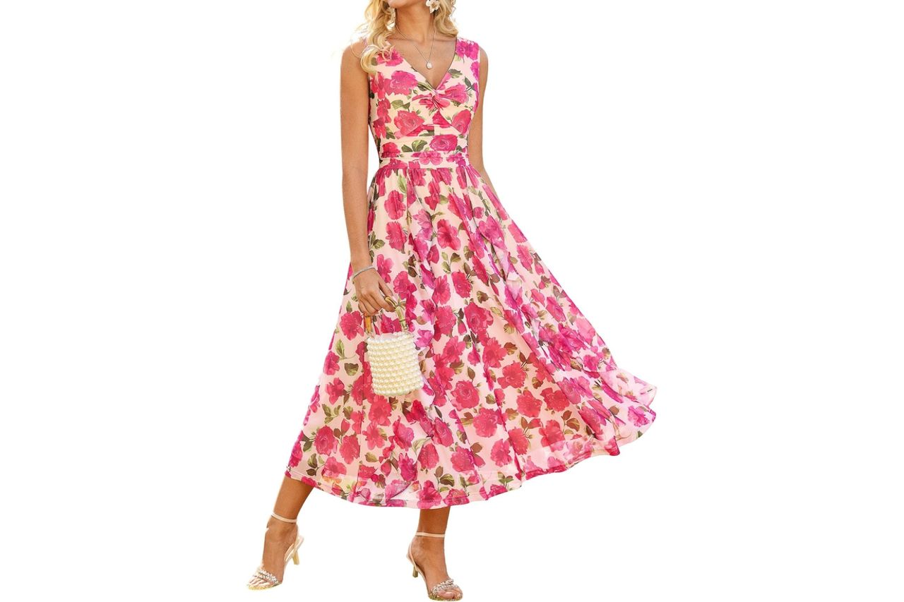 GRACE KARIN Women's Summer Sleeveless Floral Maxi Dress V Neck Formal Wedding Guest Dress A Line Beach Vacation Clothes Credit: Amazon