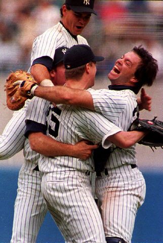Jim Abbott celebrating with his teammates after pitching a no-hitter in 1993Credit: MARK D. PHILLIPS/AFP via Getty