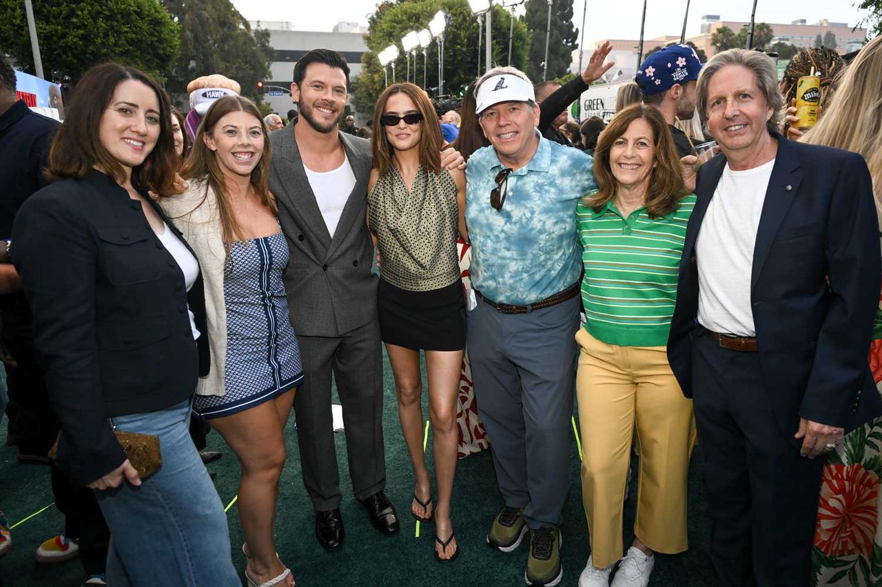 Jimmy Tatro, Zoey Deutch, Scott Martin Tatro and Maria Pezzulo and guests at Jimmy Tatro and Zoey Deutch (center) with guests at The Hawk’s premiere in Los Angeles on July 9, 2026Credit: Michael Buckner/Variety via Getty