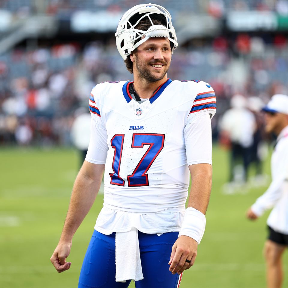 Josh Allen #17 of the Buffalo Bills smiles prior to an NFL Preseason 2025 game against the Chicago Bears at Soldier Field on August 17, 2025 in Chicago, Illinois. Josh Allen on Aug. 17, 2025 in ChicagoCredit: Kevin Sabitus/Getty