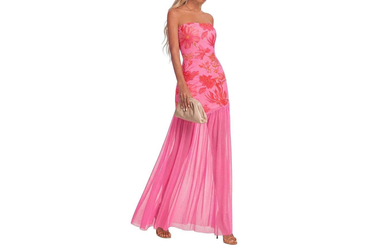 KIRUNDO Floral Wedding Guest Dresses for Women | 2026 Summer Strapless Bodycon Maxi Length, Drop Waist, Elegant Mesh Tulle Hem, Beach Cocktail Birthday Party Formal Dress Credit: Amazon