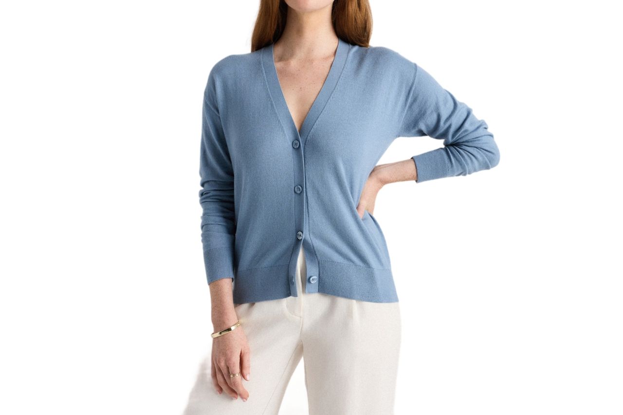 Lightweight Cotton Cashmere Cardigan in Mountain Spring Blue Credit: Quince