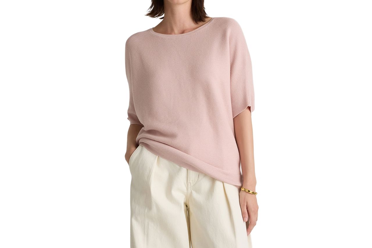 Lightweight Cotton Cashmere Link-Stitch Dolman Sweater in Sugar Stone Credit: Quince