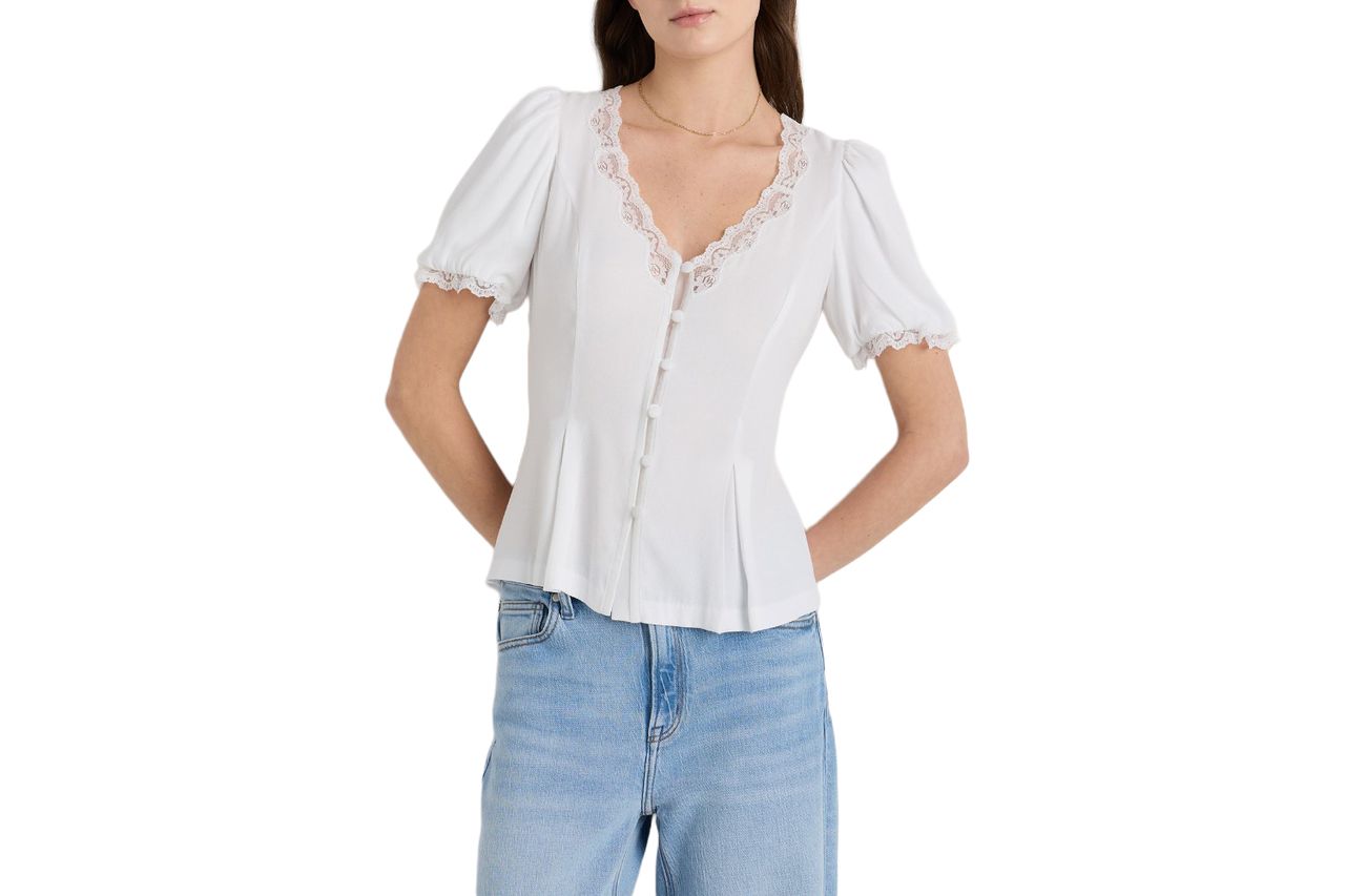 Lightweight Crepe Lace Puff Sleeve Blouse Credit: Quince