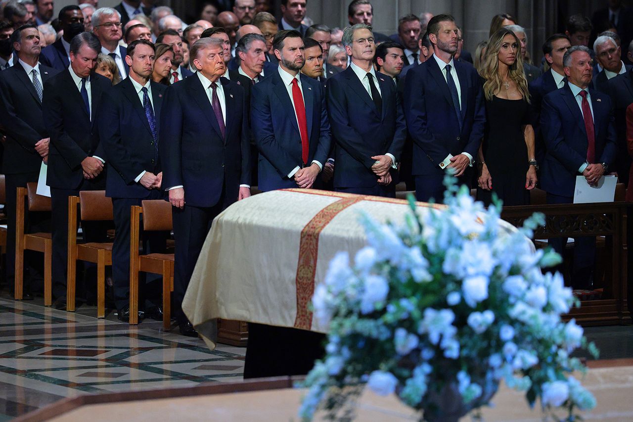 From left to right in the first row: President Donald Trump, Vice President JD Vance, Treasury Secretary Scott Bessent, Eric Trump, Lara Trump, and Steve Witkoff attend Sen. Lindsey Graham’s funeral on July 28 in Washington, D.C.Credit: Chip Somodevilla/Getty