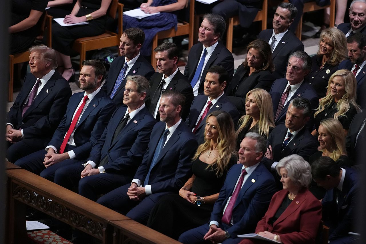 Luminaries, including President Donald Trump, left; Supreme Court Justice Brett Kavanaugh, third row and sitting on the aisle; and Israeli Prime Minister Benjamin Netanyahu, top right, attend the funeral service for the late Sen. Lindsey Graham, R-S.C., in Washington, D.C., on July 28.Credit: Andrew Harnik/Getty