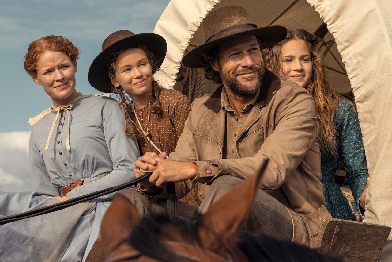 Crosby Fitzgerald as Caroline Ingalls, Alice Halsey as Laura Ingalls, Luke Bracey as Charles Ingalls and Skywalker Hughes as Mary Ingalls in ‘Little House on the Prairie’.Credit: Eric Zachanowich/Netflix