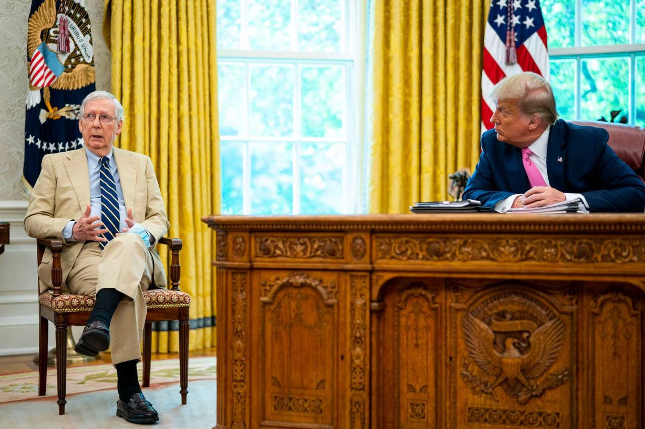 Then-Senate Majority Leader Mitch McConnell, R-Ky., and President Donald Trump meet in the Oval Office on July 20, 2020.Credit: Doug Mills-Pool/Getty