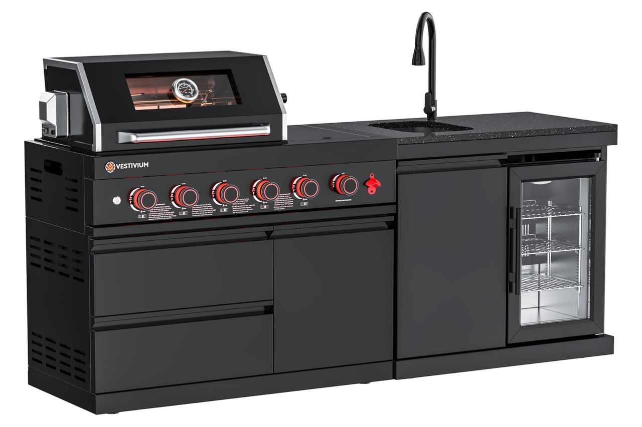 Modular Outdoor Kitchen Island, 4 Propane Gas Grill and Side Burner, 75300 BTU BBQ Station with Fridge and Sink, Black Stainless Steel and Black Galaxy Granite Countertop for Patio Backyard Credit: Amazon