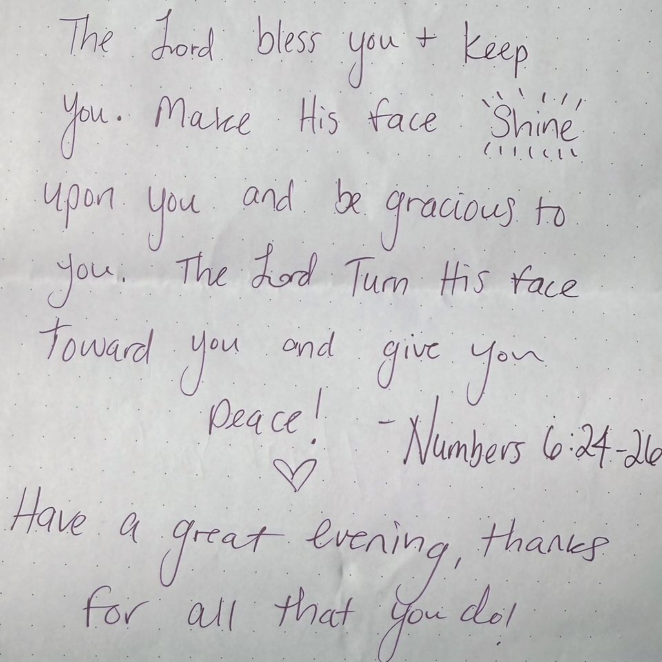 A photograph of a note that Broady says she received from a friendly customer during one DoorDash run.Credit: Courtesy of Haven Broady