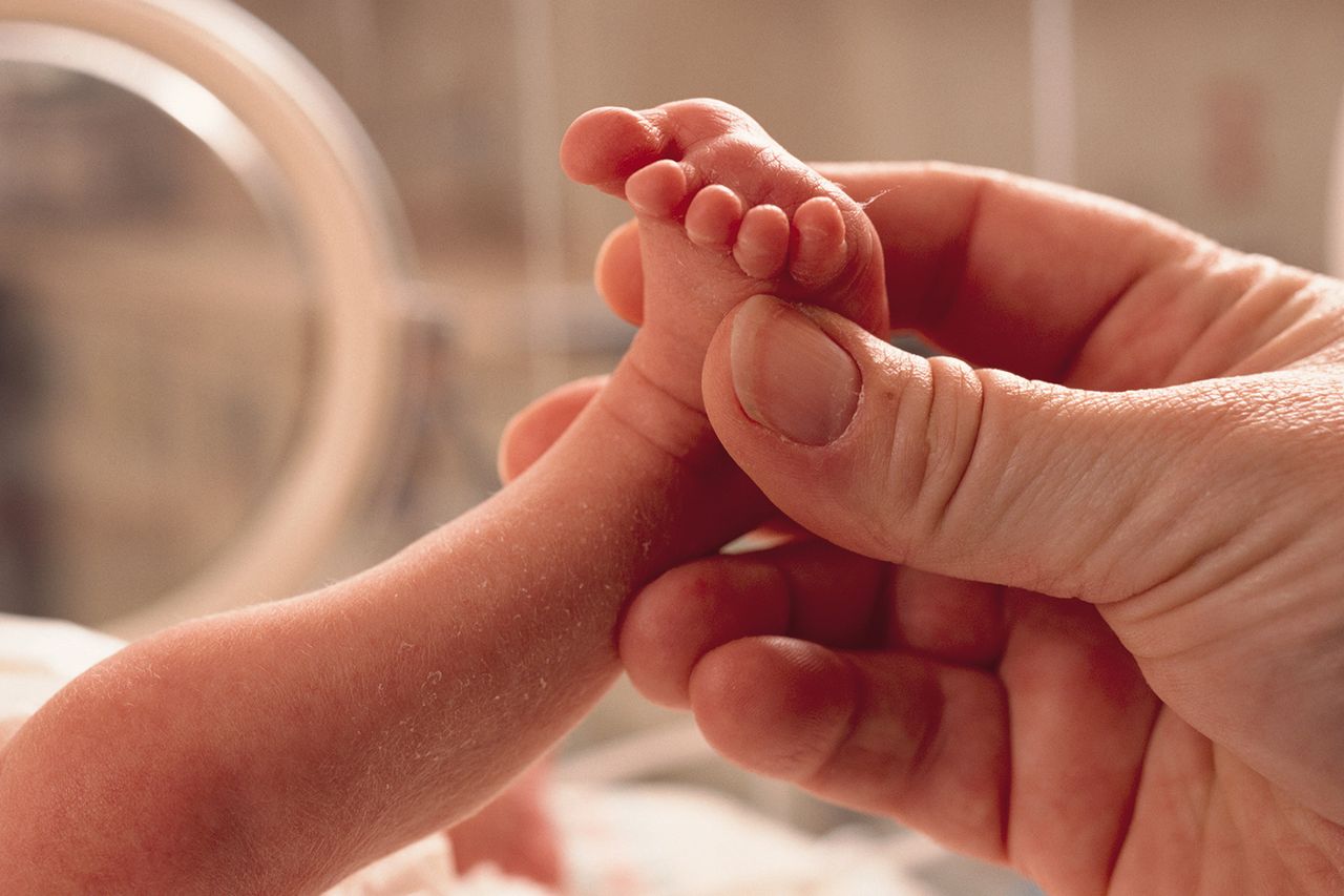 Stock photo of a NICU baby’s foot held by an adult’s hand.Credit: Getty