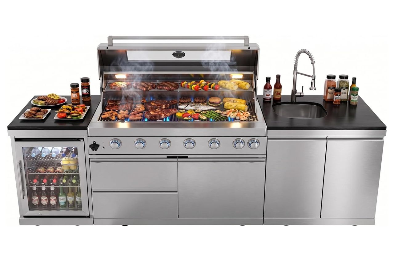 Outdoor Kitchen Island Barbecue Grill with Refrigerator & Rotisserie, Heavy-Duty Stainless Steel Freestanding Grills Station, Weather-Resistant Cooking Cabinet for Backyard & Summer Propane Gas Credit: Amazon