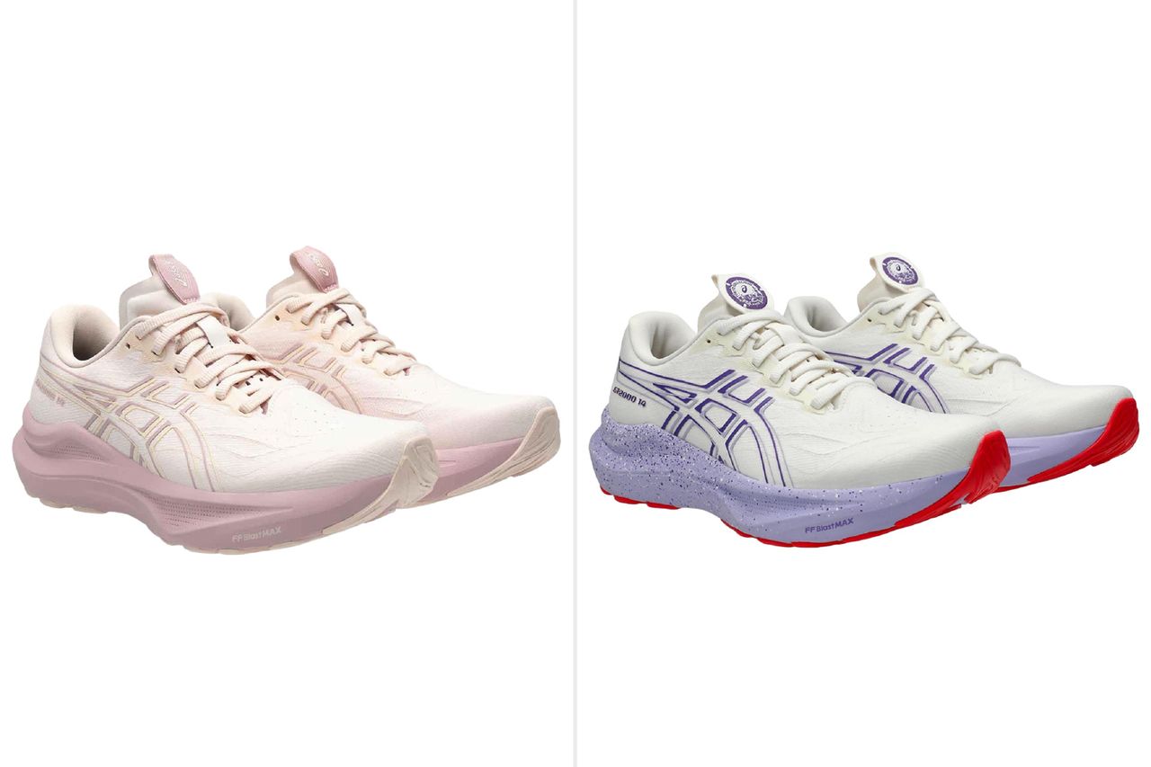 Two styles of Asics sneakers next to each other one with subtle tone and the other featuring a colorful sole design Credit: REI (2)