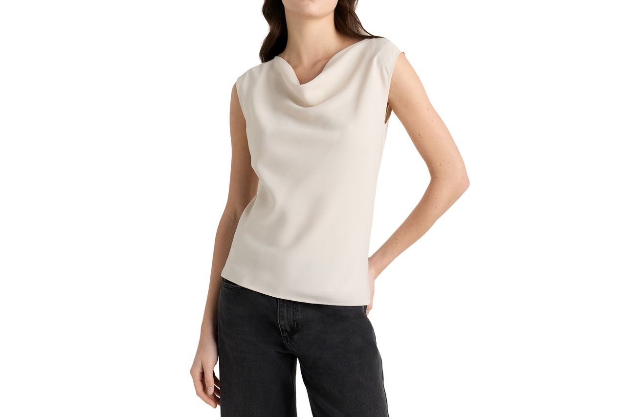 Quince Draped Matte Cowl Neck Tank Credit: Quince