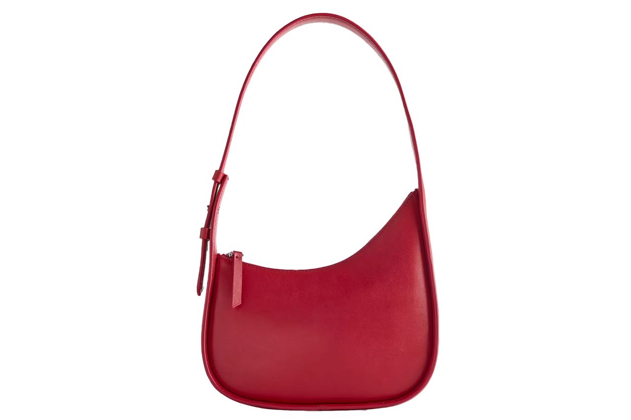 quince Italian Leather Asymmetrical Mini Shoulder Bag ruby red Credit: Quince